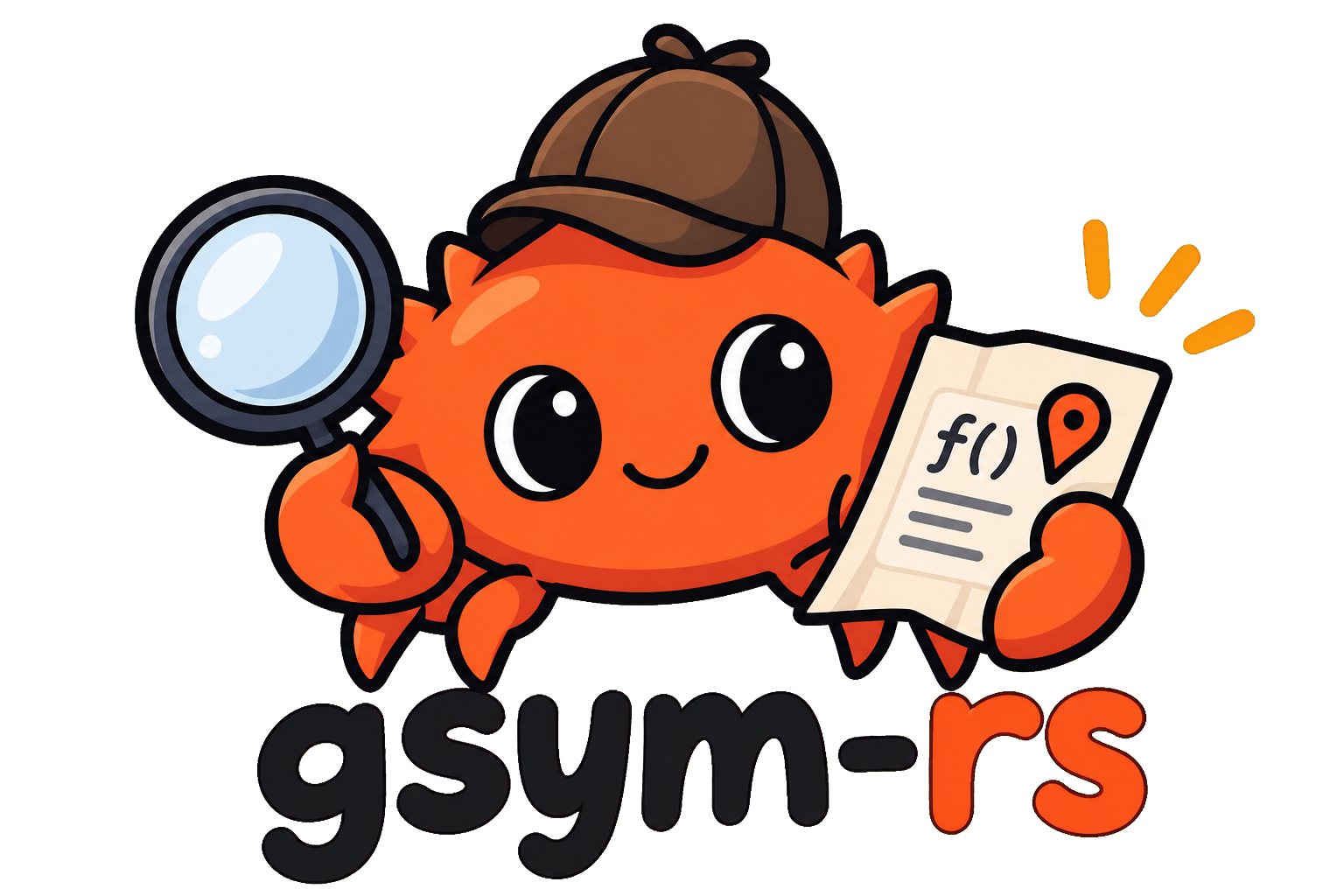 The gsym-rs detective crab mascot